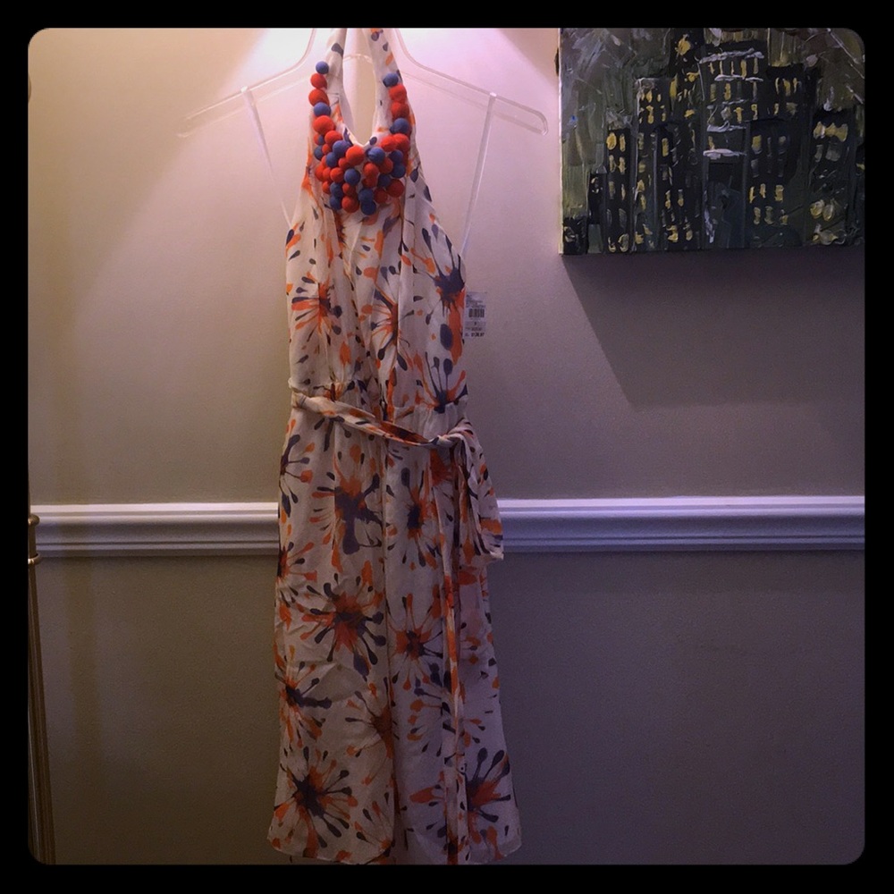 Midi floral dress with Pom Pom neckline, Low back